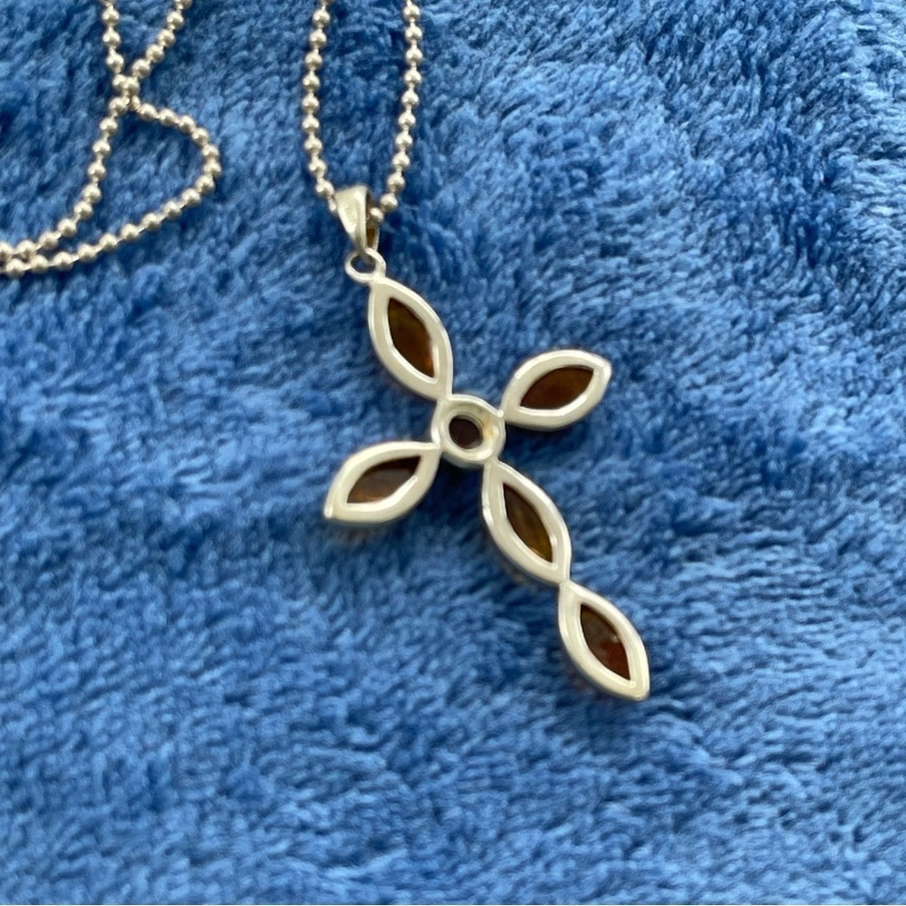 Vintage Baltic Amber Pendant Cross in Sterling Silver Necklace With Chain - Picture 3 of 6